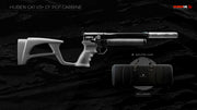 Huben GK1 V3+ CF PCP Carbine with carbon fibre stock and suppressor, shown with the included Wolfiek case