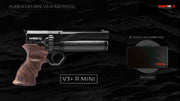 Huben GK1 Mini V3+R regulated air pistol with walnut grip, shown with its hard case