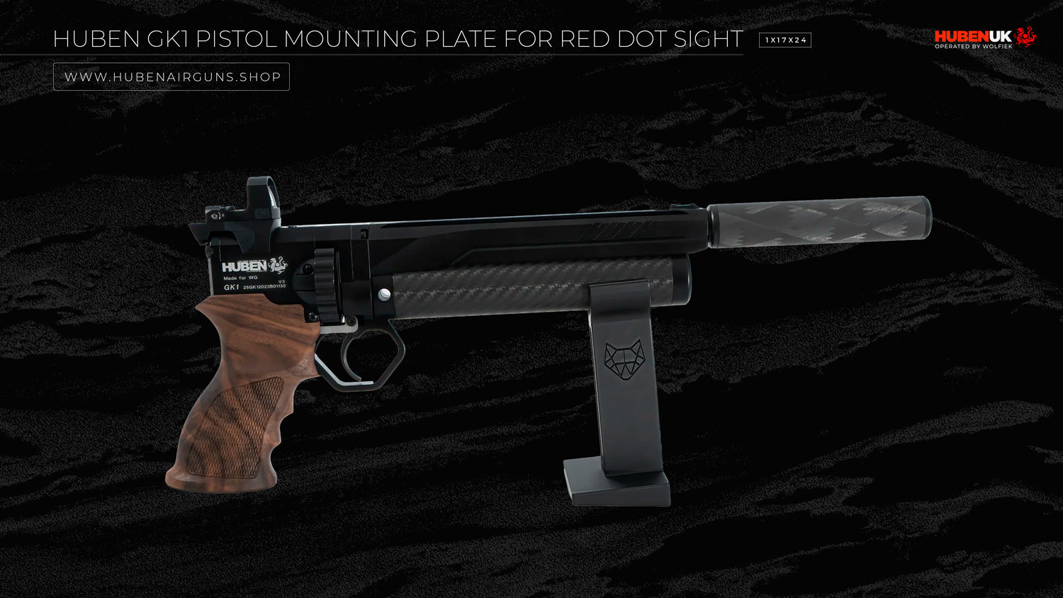 Huben GK1 Pistol Mounting Plate for Red Dot Sight 1x17x24 side view of the air pistol with mount and sight right