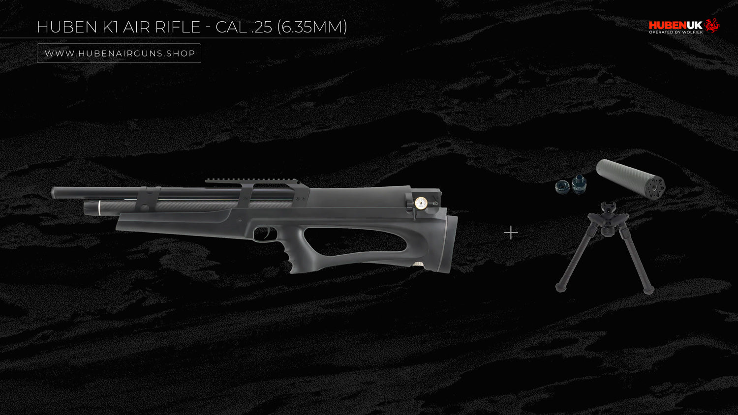 Huben K1 Air Rifle - Cal .25 (6.35mm) with suppressor, adapter, and bipod