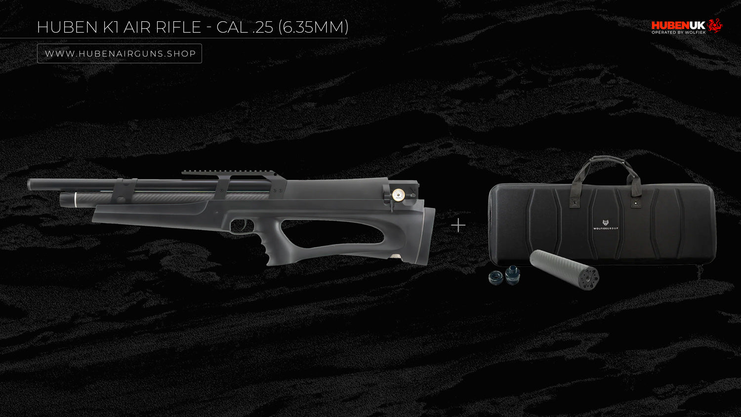 Huben K1 Air Rifle - Cal .25 (6.35mm) with semi-rigid case, suppressor, and adapter