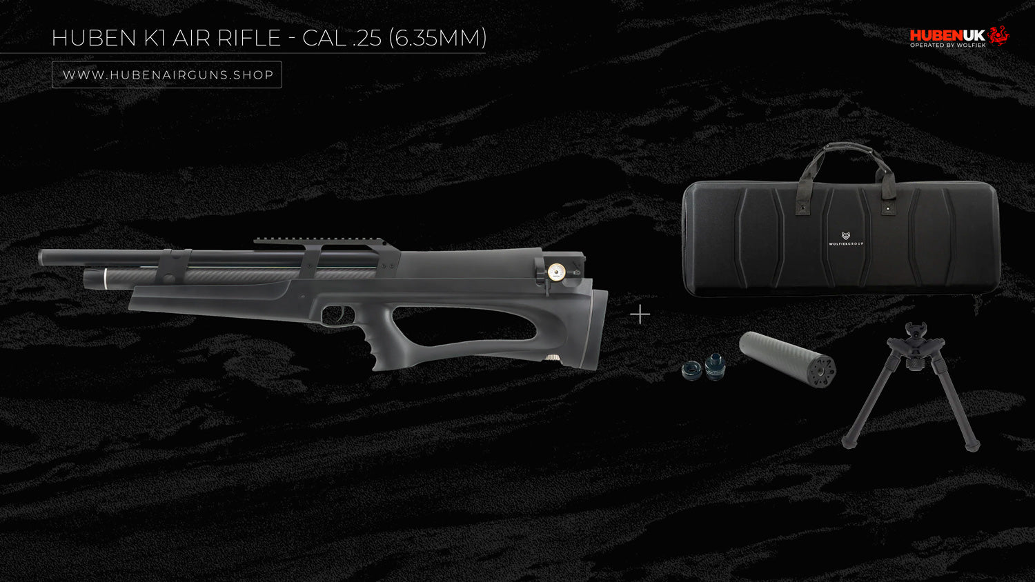 Huben K1 Air Rifle - Cal .25 (6.35mm) with semi-rigid case, suppressor, adapter, and bipod