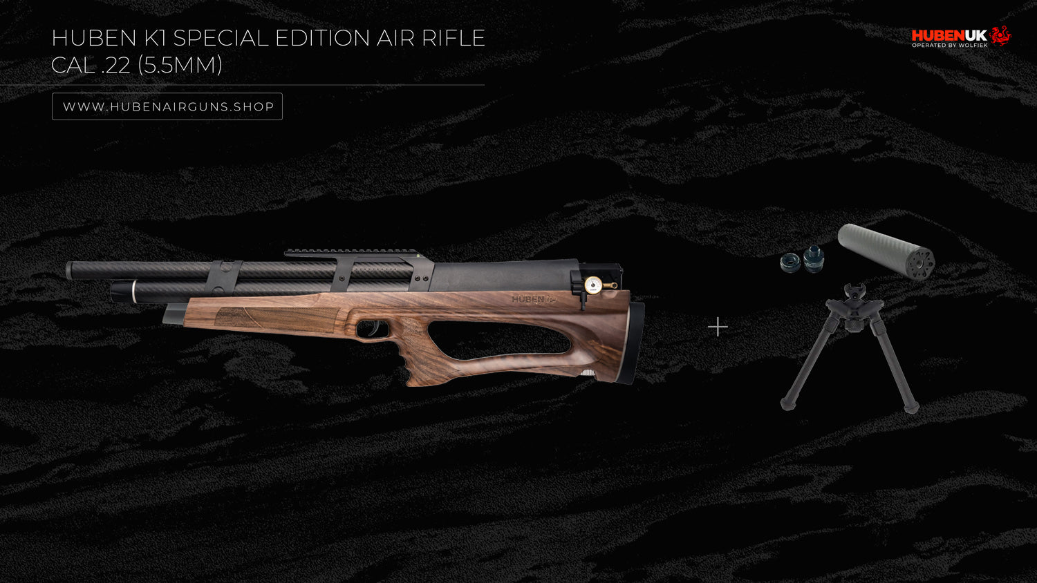 Huben K1 Special Edition Air Rifle - Cal .22 (5.5mm) with suppressor, adapter, and bipod