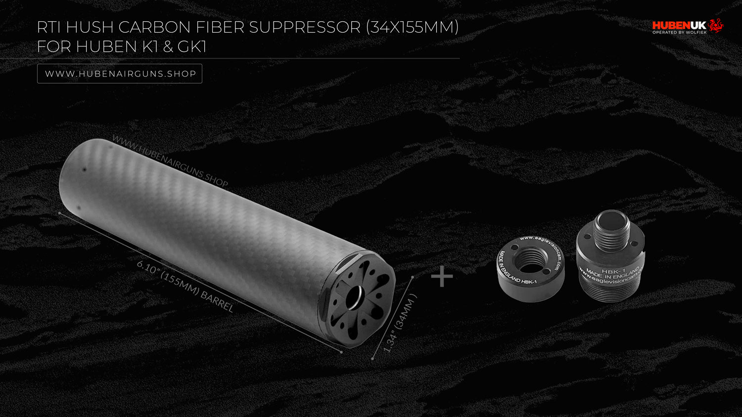 RTI Hush Carbon Fiber Suppressor (34x155mm) for Huben K1 & GK1 with K1 adapter