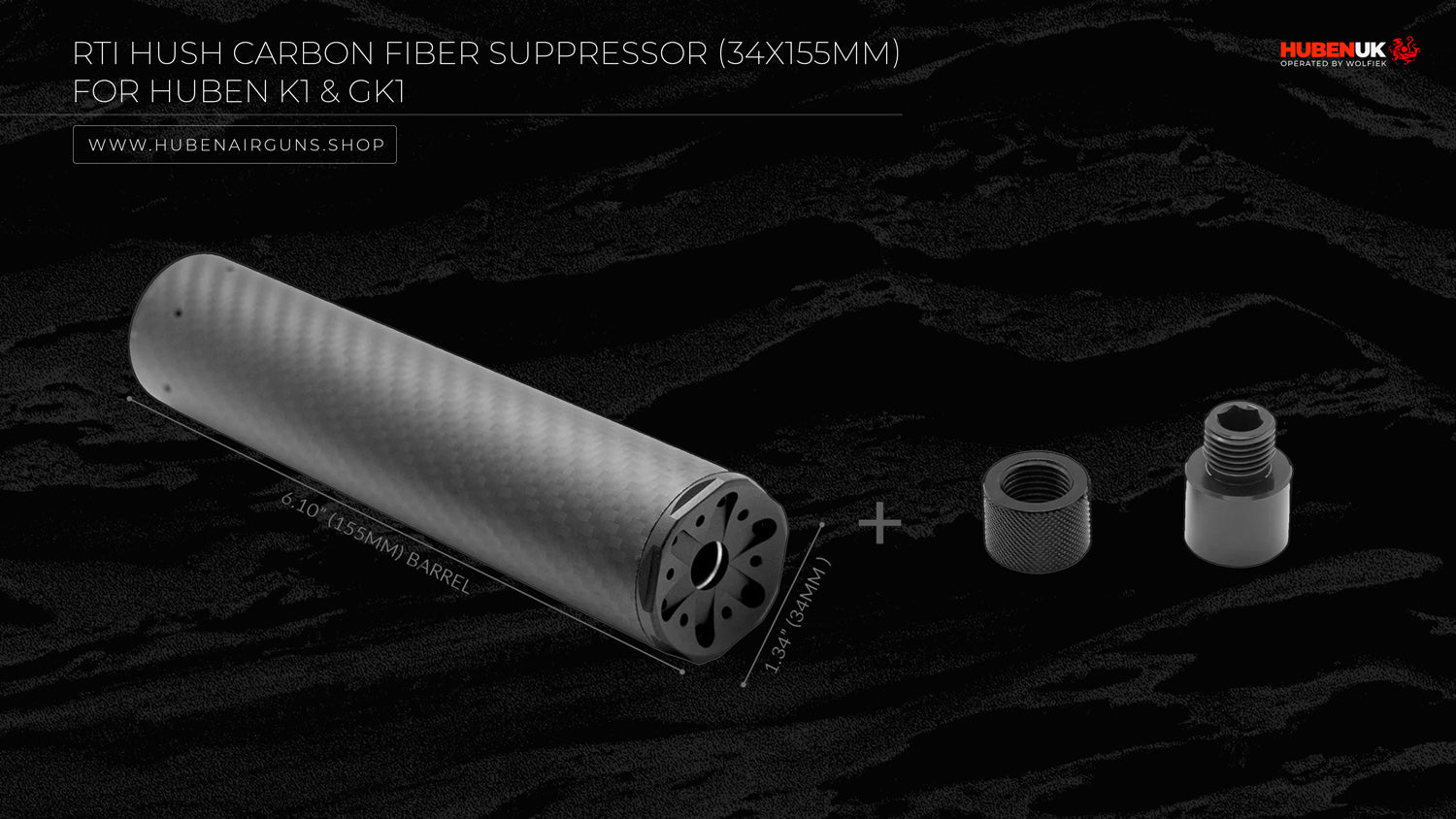 RTI Hush Carbon Fiber Suppressor (34x155mm) for Huben K1 & GK1 with GK1 adapter