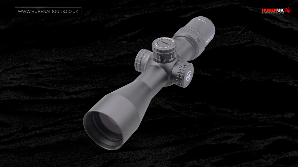 Vector Optics Veyron riflescope 3-12x44 FFP, angled view