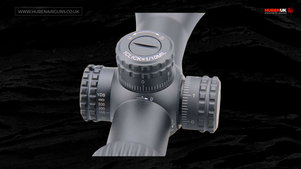 Vector Optics Veyron riflescope 3-12x44 FFP, turret close-up view