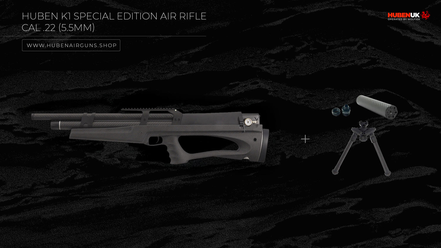 Wolfiek Huben K1 Lite Carbon Fiber Air Rifle - .22 Cal (5.5mm) with adapter, suppressor, weaver rail, and bipod