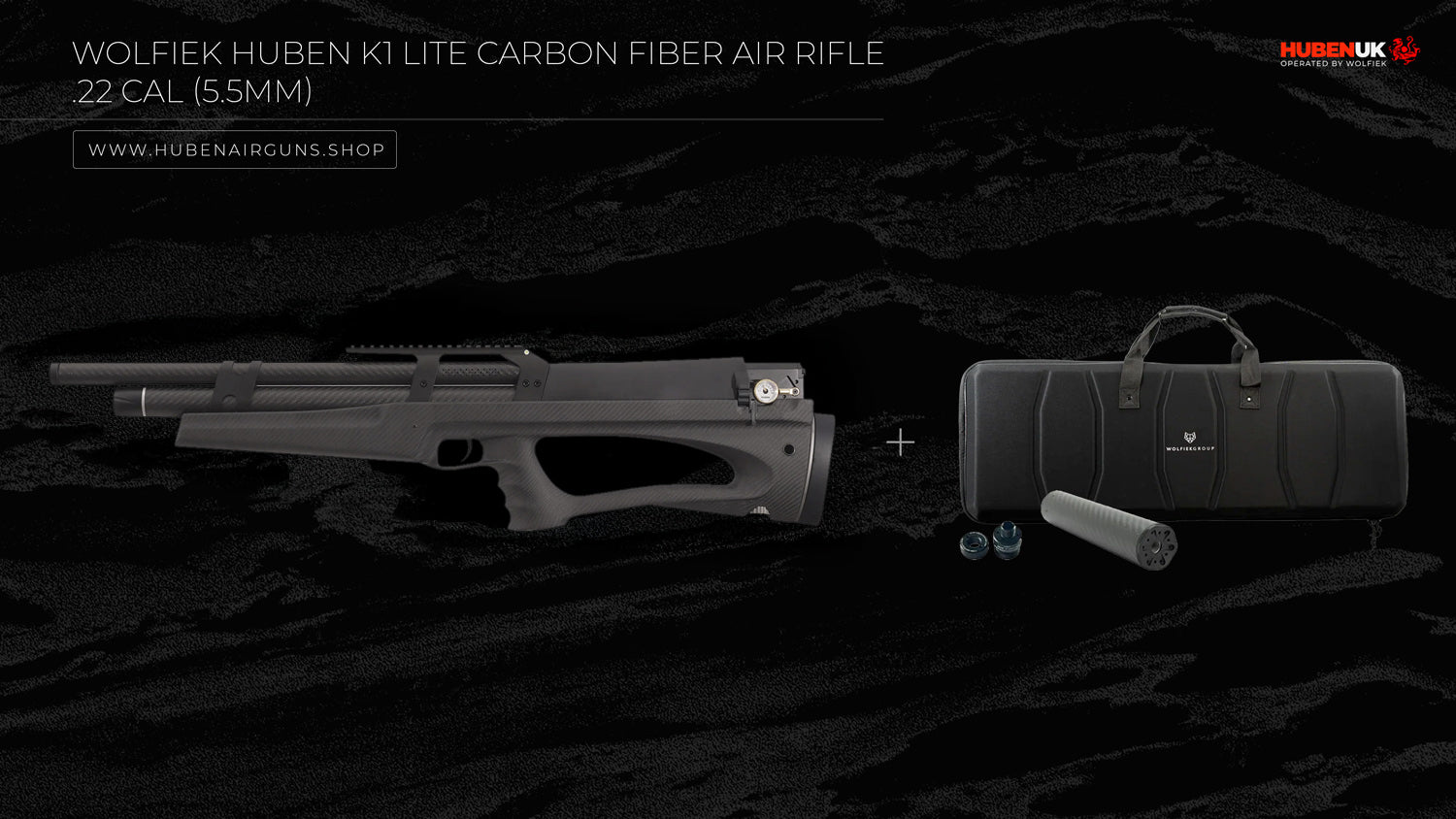 Wolfiek Huben K1 Lite Carbon Fiber Air Rifle - .22 Cal (5.5mm) with semi-rigid case, adapter, and suppressor
