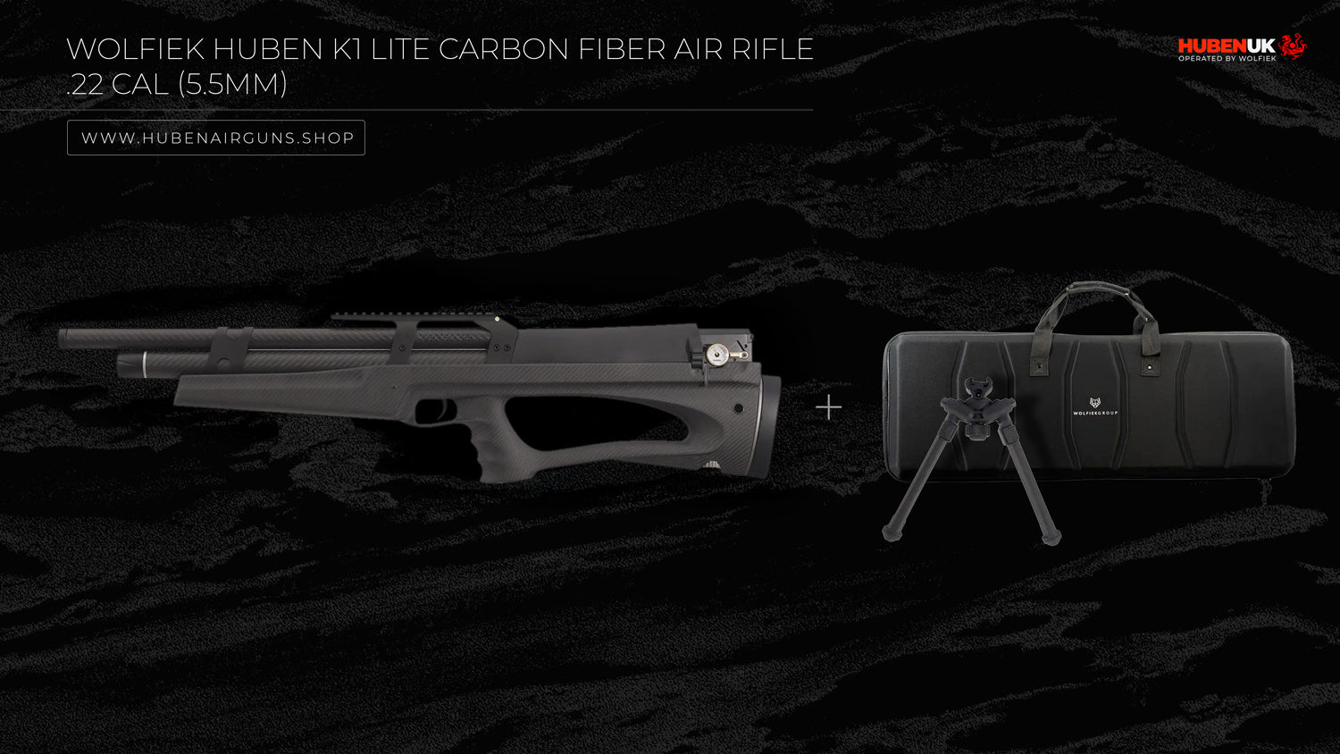 Wolfiek Huben K1 Lite Carbon Fiber Air Rifle - .22 Cal (5.5mm) with semi-rigid case, wevaer rail, and bipod