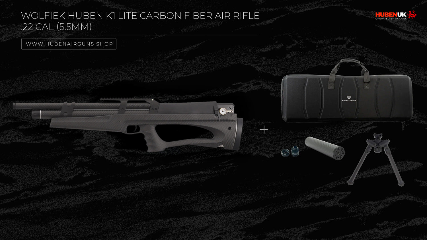 Wolfiek Huben K1 Lite Carbon Fiber Air Rifle - .22 Cal (5.5mm) with semi-rigid case, adapter, suppressor, weaver rail, and bipod