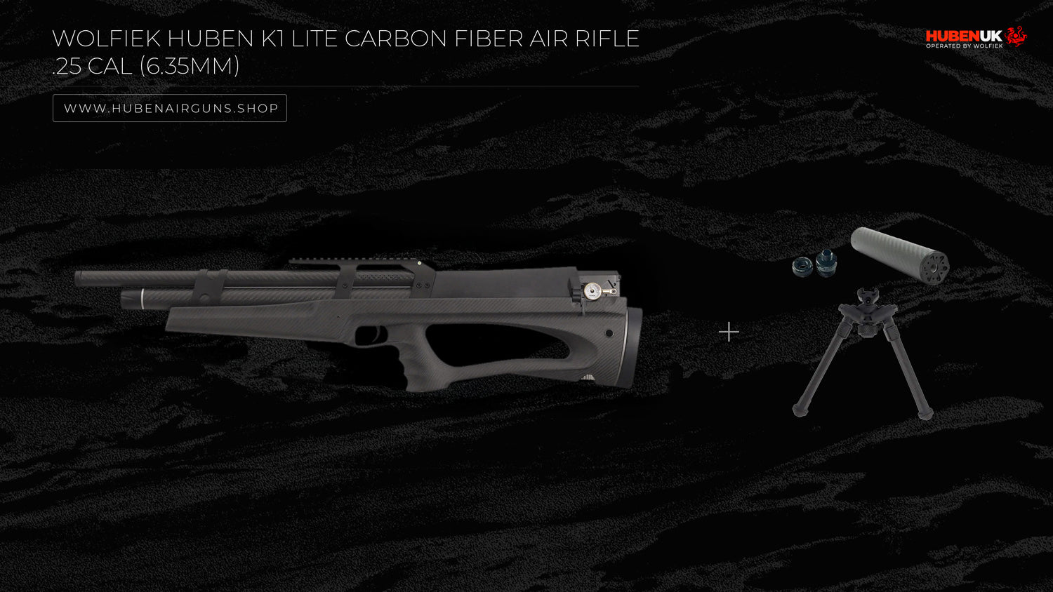 Wolfiek Huben K1 Lite Carbon Fiber Air Rifle - .25 Cal (6.35mm) with suppressor, adapter, weaver rail, and bipod