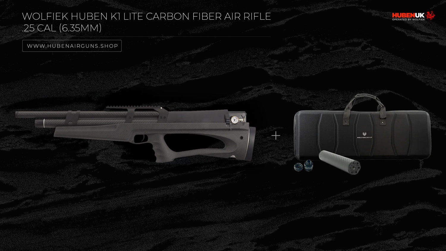 Wolfiek Huben K1 Lite Carbon Fiber Air Rifle - .25 Cal (6.35mm) with semi-rigid case, adapter, and suppresor