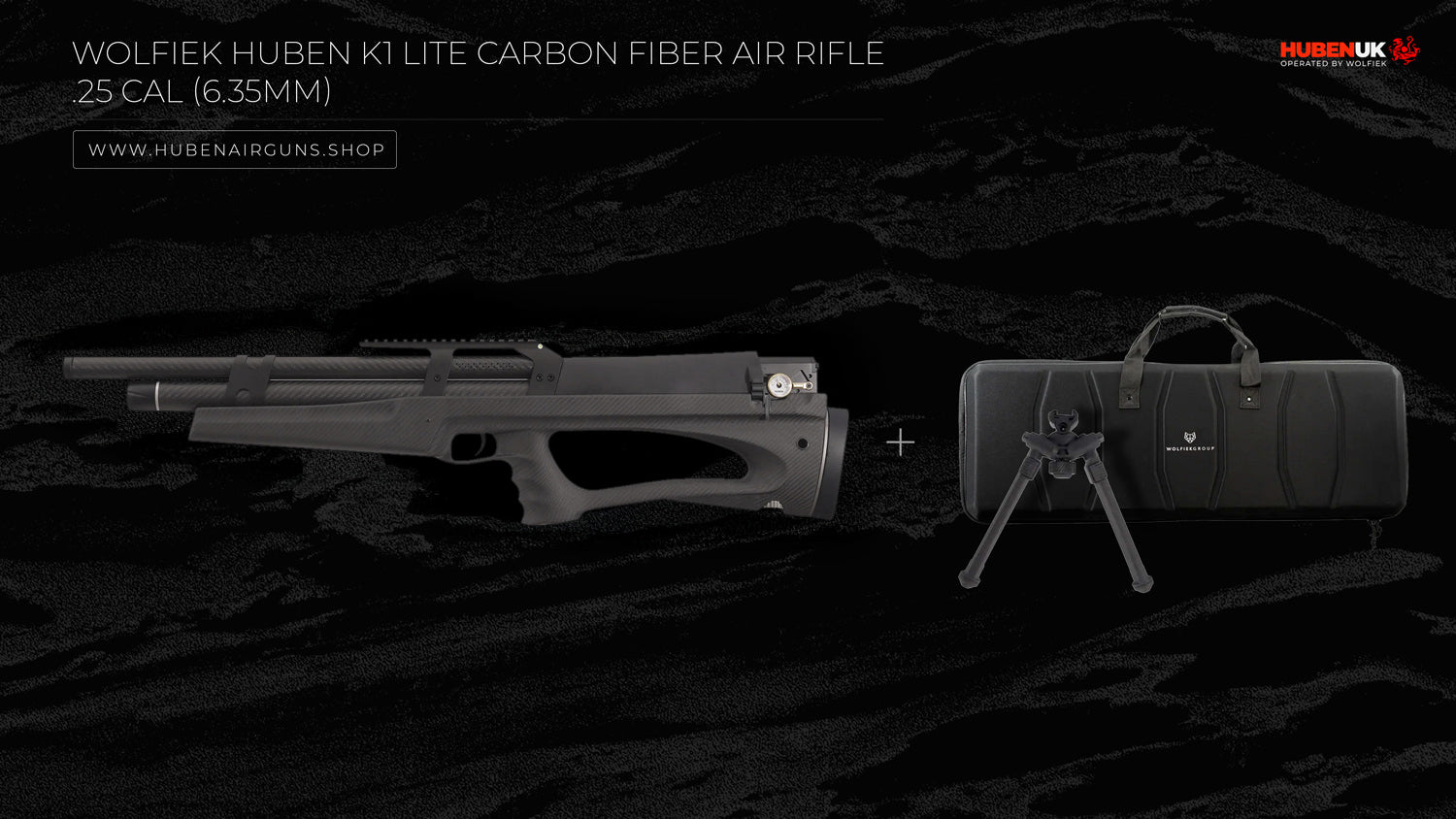 Wolfiek Huben K1 Lite Carbon Fiber Air Rifle - .25 Cal (6.35mm) with semi-rigid case, weaver rail, and bipod